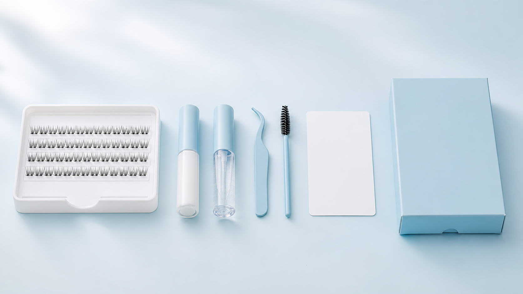 Unbranded DIY lash kit components arranged for product and packaging review