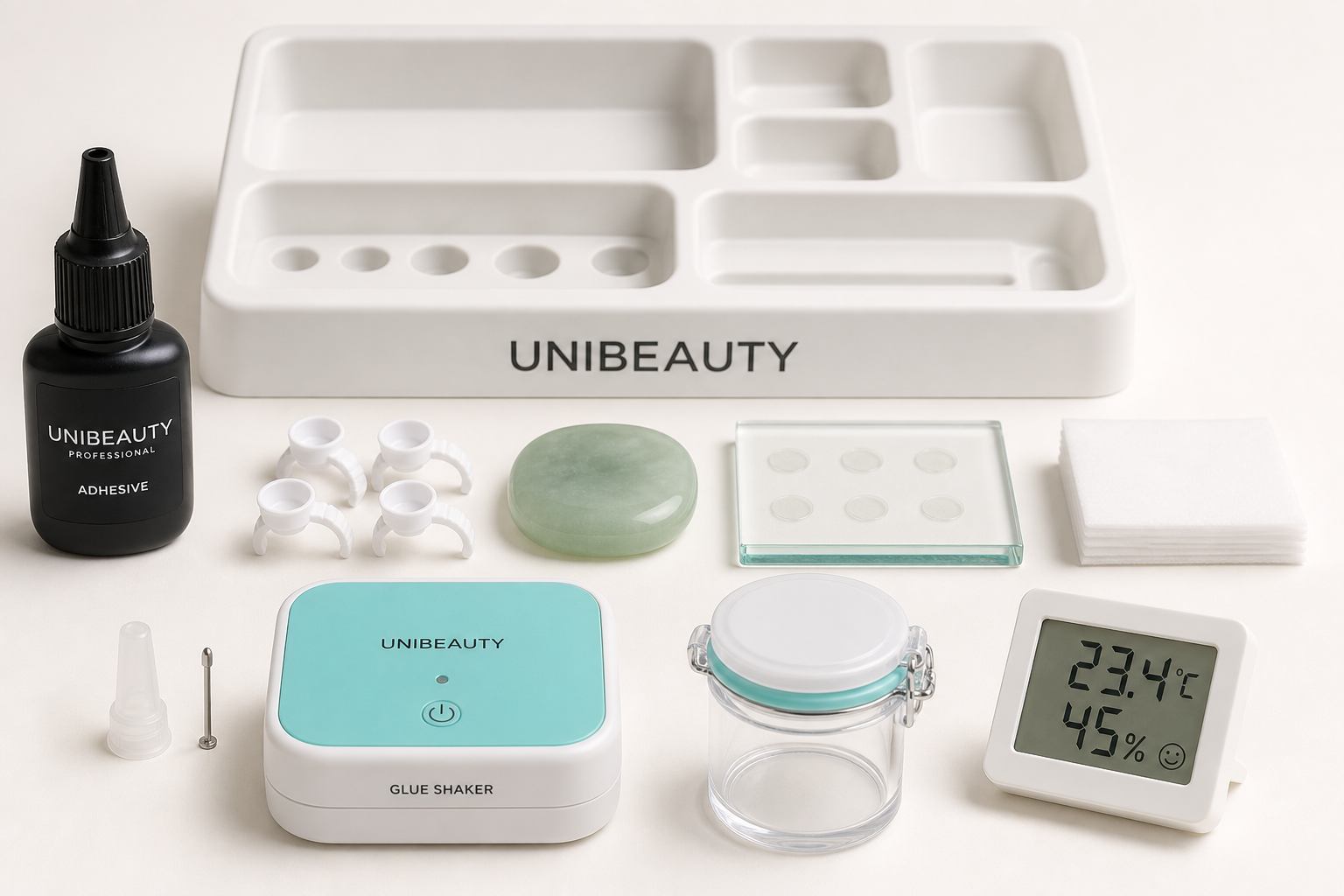 UNIBEAUTY professional adhesive workstation with glue rings, jade stone, tile, wipes, shaker, storage container and thermo-hygrometer