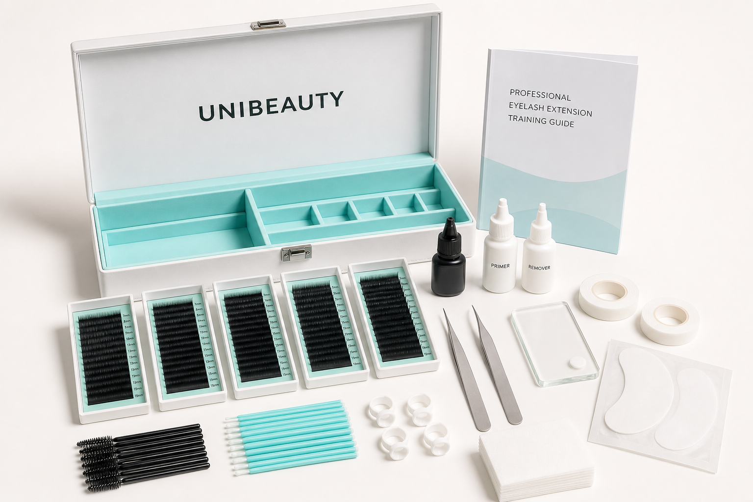 Professional extension starter inventory with trays, liquids, tweezers and consumables