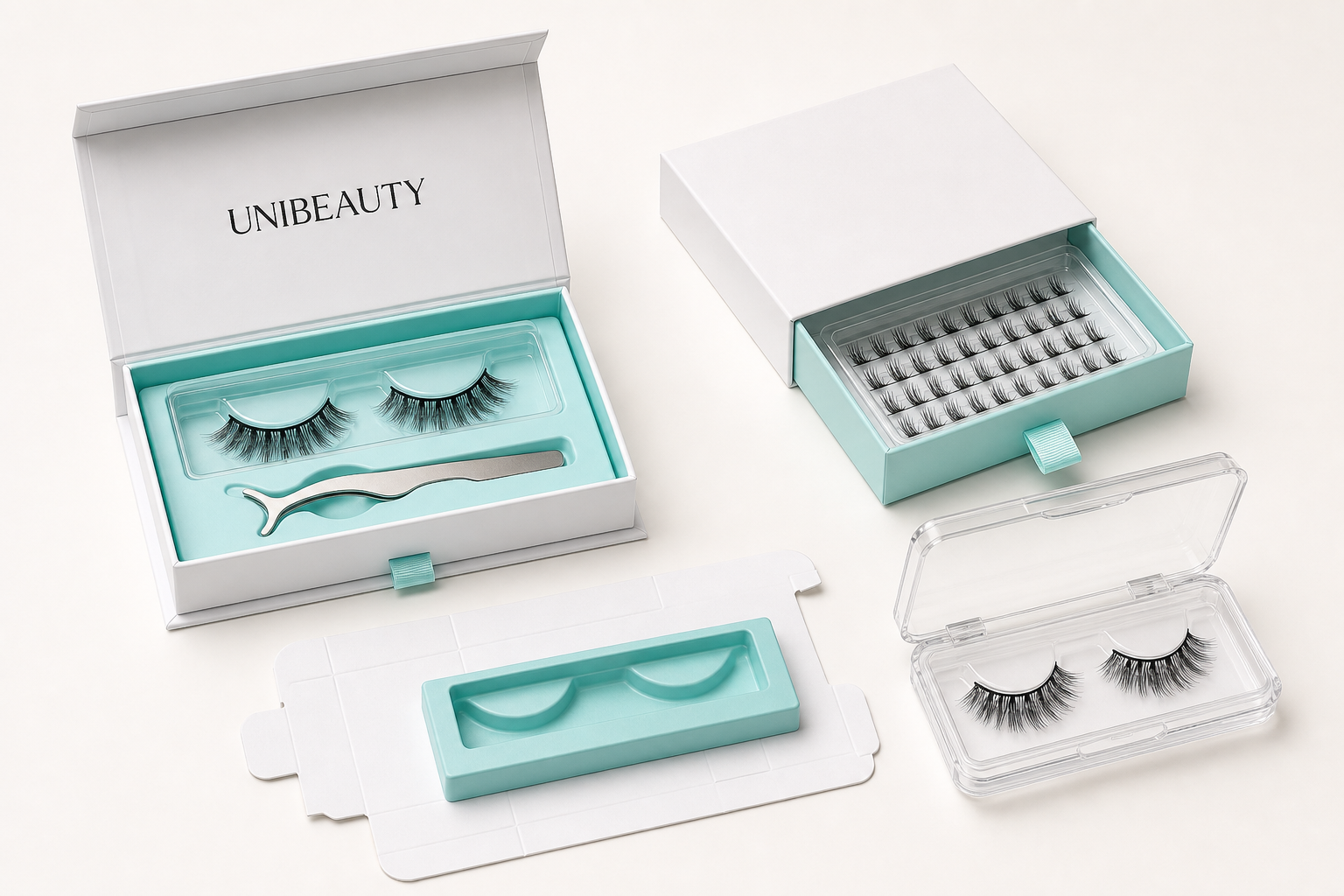 UNIBEAUTY rigid, drawer, acrylic and formed-insert lash packaging structures