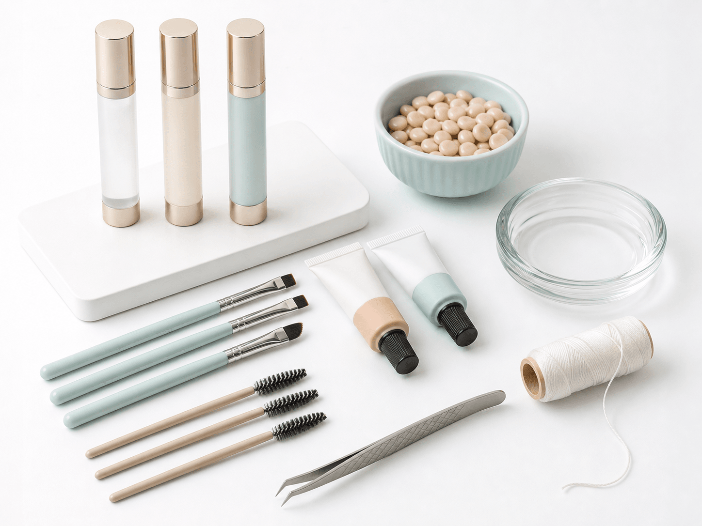 Brow lamination set with brushes, tweezers, mapping string and bowls
