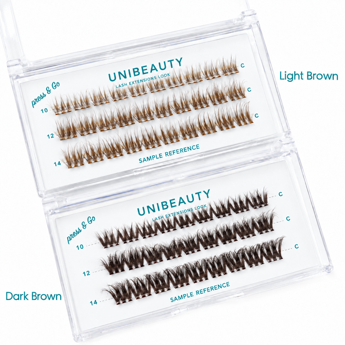 UNIBEAUTY technical reference for brown pre-glued lash clusters and their fiber pattern