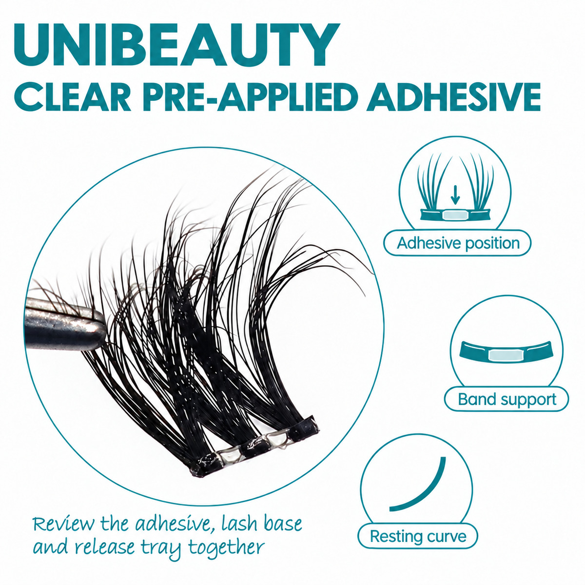 UNIBEAUTY technical close-up of adhesive coverage at a pre-glued lash cluster base
