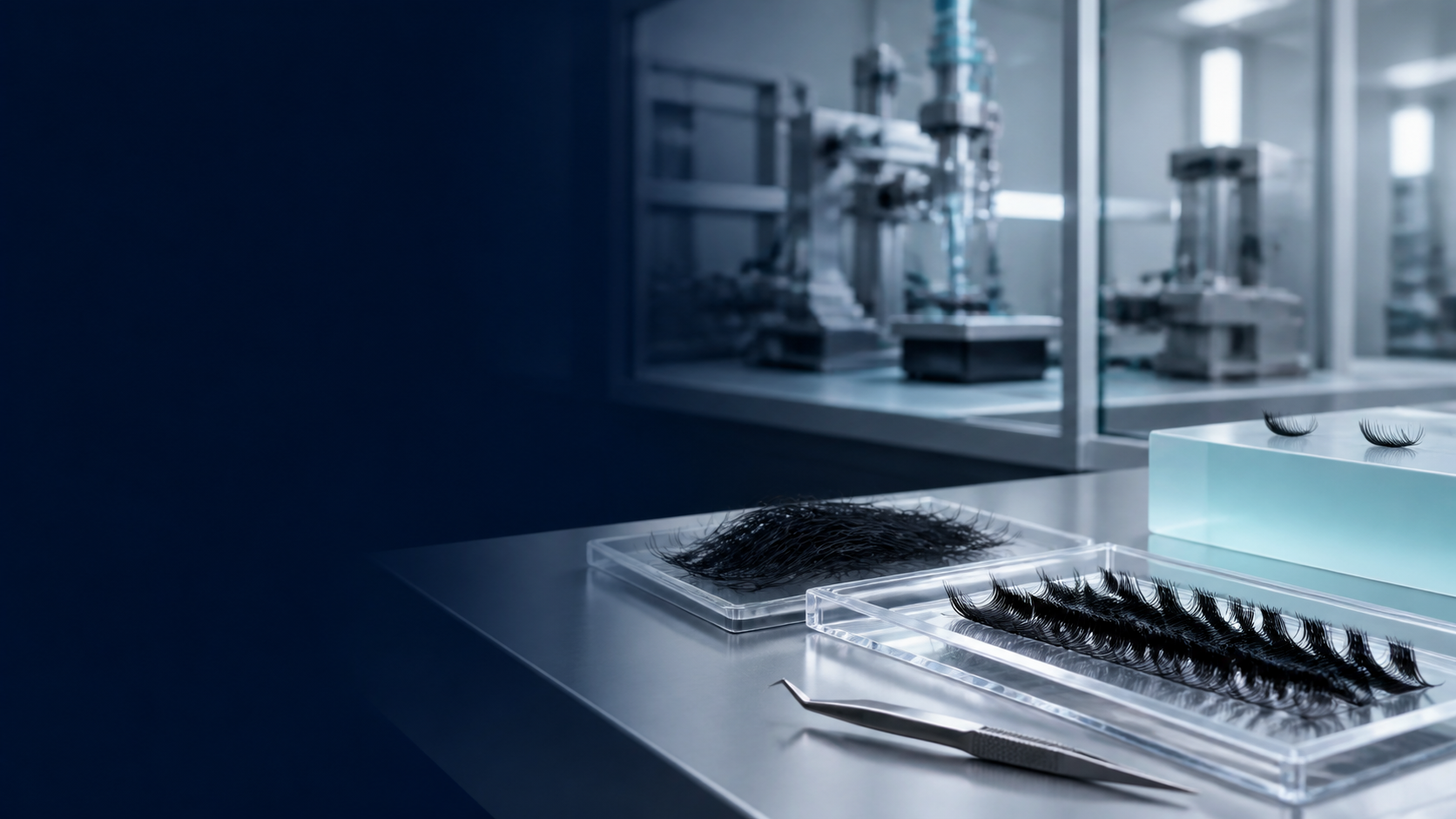 Clean manufacturing workspace with lash production equipment and product samples
