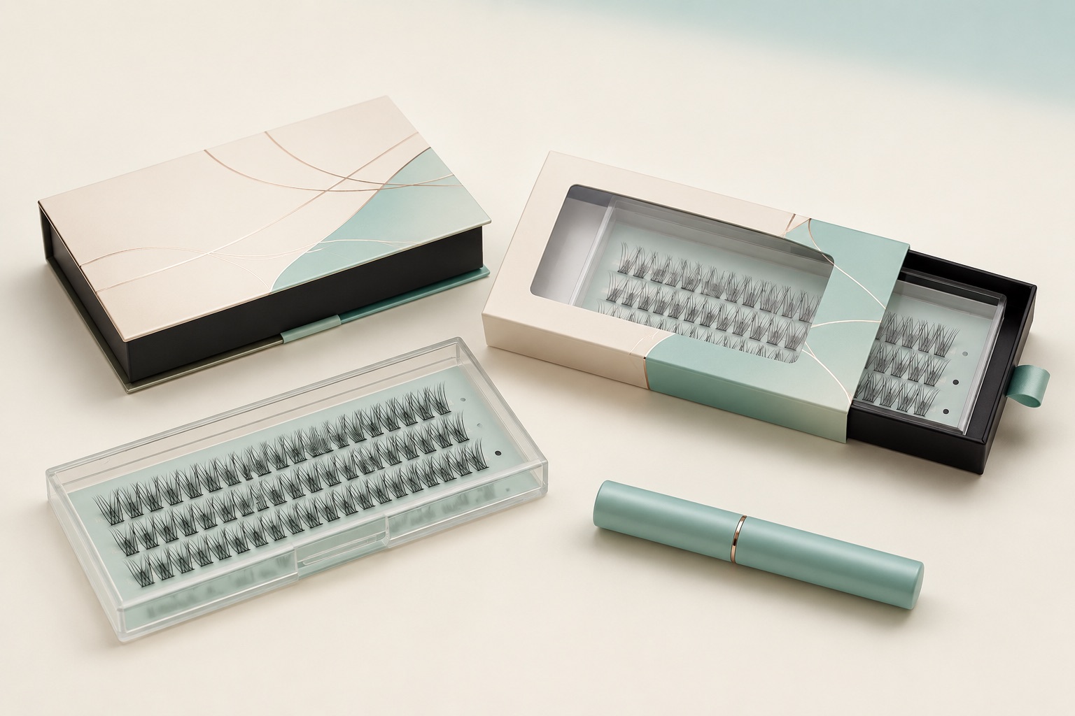 Private-label lash packaging prepared for a development brief